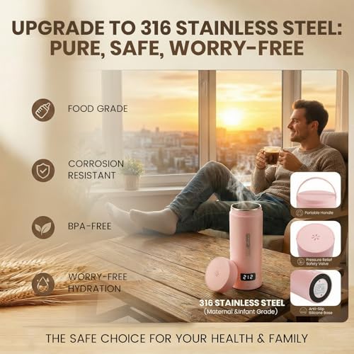 Pink Portable Electric Kettle forTravel, Small Hot Water Kettle with NTC Temperature Control and Auto Shut-Off, 316 Stainless Steel, Green 120V & 15oz - color: pink