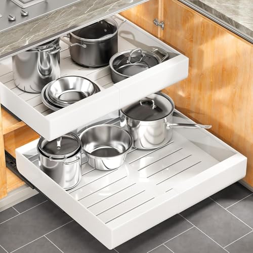 Pull out Cabinet Organizer, Wider Expandable(14"-24") Heavy Duty Slide out Drawers Fixed with Adhesive Nano Film for Pots, Roll out Shelf Storage for Kitchen Cabinet Organization(White-2pcs)(3 Rails) - color: White, size: 21"D×14"-24"W(2 Pack)
