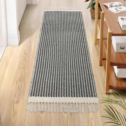 Lahome Belle Boho Hallway Runner Rug, 2x6 Laundry Room Lightweight Entry Woven Cotton Throw Mat with Tassels, Farmhouse Non Shedding Washable Black Low Pile Runner for Kitchen Bathroom - color: Black, size: 2' x 6' (Runner)