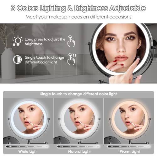 Rocollos Rechargeable Wall Mounted Lighted Makeup Mirror, 8 Inch Double-Sided LED Vanity Mirror 1X/10X Magnification,3 Color Lights Touch Screen Dimmable 360°Swivel 13 Inch Extendable - color: 8 Inch Black