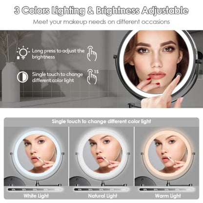 Rocollos Rechargeable Wall Mounted Lighted Makeup Mirror, 8 Inch Double-Sided LED Vanity Mirror 1X/10X Magnification,3 Color Lights Touch Screen Dimmable 360°Swivel 13 Inch Extendable - color: 8 Inch Black