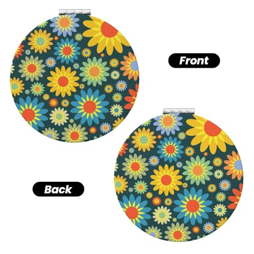 Abstract Hippie Flower Print Foldable Travel Pocket Mirror Round PU Leather Portable Mini Makeup Double Sided Handheld Magnifying,2.6 in - color: Abstract Hippie Flower