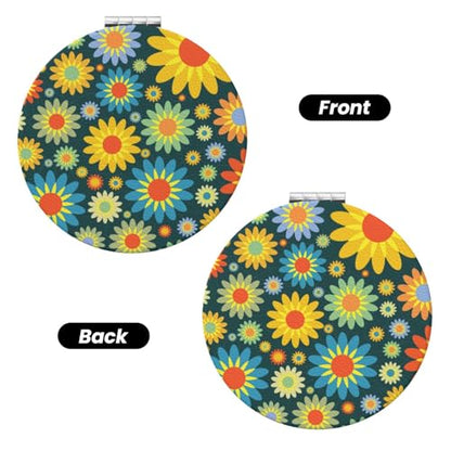 Abstract Hippie Flower Print Foldable Travel Pocket Mirror Round PU Leather Portable Mini Makeup Double Sided Handheld Magnifying,2.6 in - color: Abstract Hippie Flower