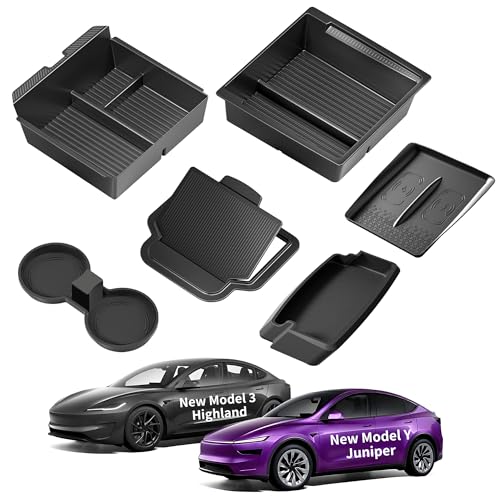 8PCS Center Console Organizer for Tesla Model Y Juniper Accessories 2026 2025 & for Tesla Model 3 Accessories 2024-2026 [Slide Smoothly & US Patent] Charging Pad Sunglasses Cup Holder Black