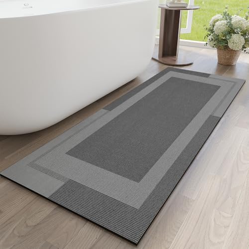 YDKGL Non Slip Long Bathroom Runner Rug Bath Mat, Rubber Backing Ultra Thin Bathroom Rugs Fit Under Door Quick Dry Super Absorbent Washable Shower Mat for Bathtub Sink Floor, Dark Grey 17"x59" - color: A- Dark Gray, size: 17” x 59“