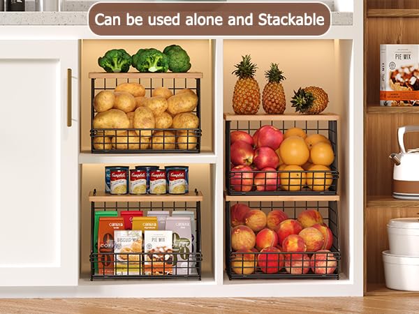2 Set Stackable Wire Basket with Wooden Tops & Pad for kitchen organizers and storage, XXL Kitchen Counter Organizer for Fruit, Vegetable, Bread, Potato and Onion Storage Bin - size: 2pcs*11.8"*11.8"*18.9"