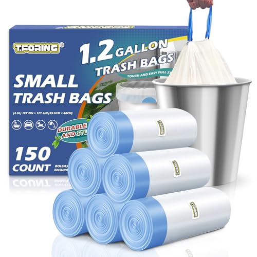 1.2 Gallon Mini Trash Bags Drawstring, Unscented, White, 150 Count | 4.5 Liter Little Plastic Garbage Bag, Leakproof,Strong Wastebasket Can Liners, Fit 1 - 1.3 Gal, for Home Bathroom Office Car - color: Drawstring-1.2 Gal-150