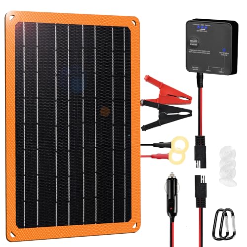 FieryRed 10W 12V Solar Panel Car Battery Charger & Maintainer, Waterproof Trickle Charger with Built-in Controller, Cig Plug, Alligator Clips, USB-C, USB-A Outputs for Car, Boat, RV, Tractor - size: 10W