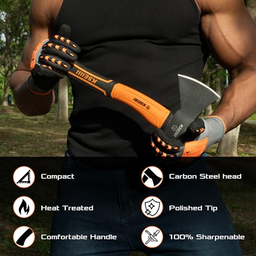 KSEIBI Wood Axe, Small Outdoor Camp Hatchet for Splitting and Kindling Wood, Forged Steel Blade with Anti-Slip and Shock Reduction Handle Great Throwing Axes and Hatchets (Modern) - style: Modern Orange