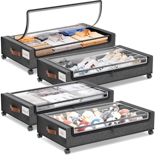 Yecaye Under Bed Storage with Wheels, 4 Pack Under Bed Rolling Storage with Clear Window & Label, 60 L Underbed Storage Containers, Rolling Under Bed Metal Drawer for Clothes, Shoes, Books - color: Grey, size: Large(4pack)