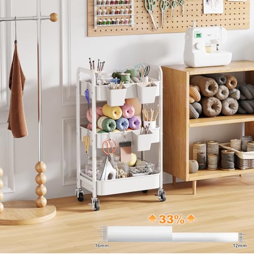 3 Tier Rolling Cart with Wheels, Metal Utility Storage Cart on Wheels, Craft Carts Organizer with Hanging Cups, Hooks, Three Tiered Rolling Carts for Bathroom, Laundry Room, Nursery, Office, White - color: White