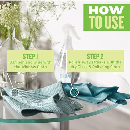 E-Cloth Microfiber Window Cleaning Cloth Kit - Glass Cleaning Cloth for Windows, Mirrors, Cars, Lenses, Eyeglasses, & More, Streak Free Clean, Machine Washable Reusable Towel - Green