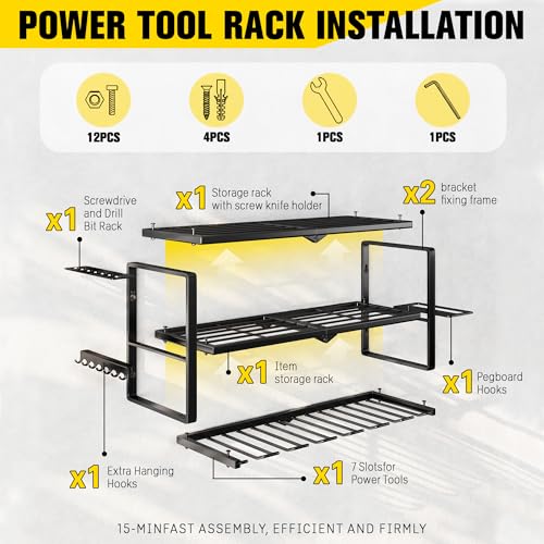 Hipidian Power Tool Organizer Wall Mount- 300lb Capacity 3-Tier Storage Rack with 7 Drill Holders for Garage Tools, Best Birthday Tools Gifts for Men Dad Husband - size: 7 Slots 3 Layers