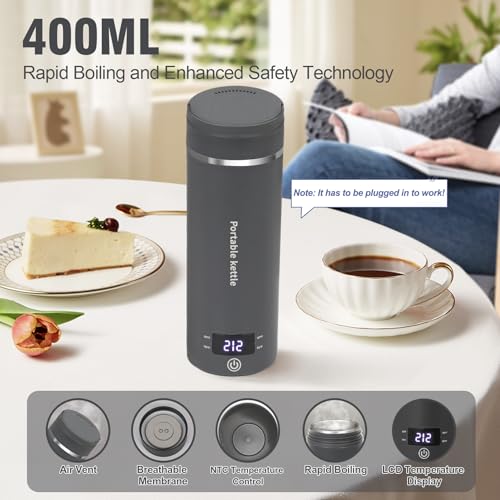 Travel Electric Kettle Portable Mini Kettle,Small Hot Water Boiler with 4 Temperature Settings,304 Stainless Steel,Fast Boiling Water with Auto Shut-Off and Boil Dry Protection,400ml (Grey, 400ml) - color: Grey