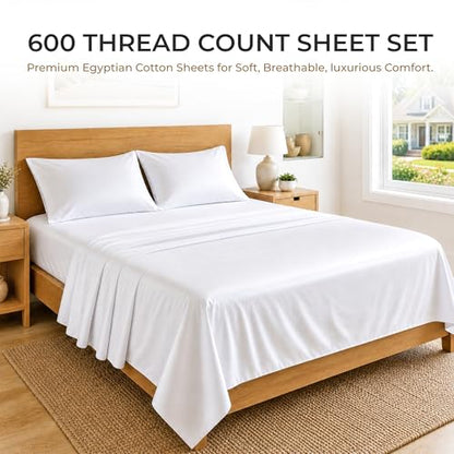 SGI bedding 100% Egyptian Cotton Sheets Twin XL Size – 600 Thread Count Sheets Set, Soft, Cooling, 15" Deep Pocket, Luxury Hotel Bedding, Breathable, Durable - White - color: 01 - White, size: Twin XL