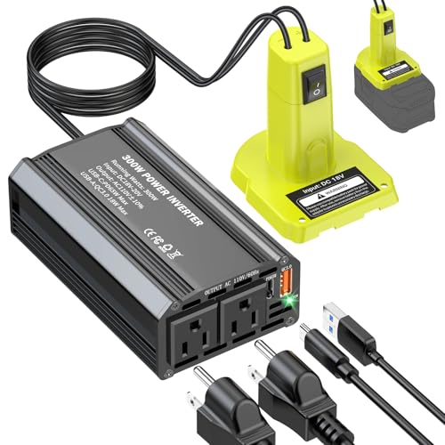 300W Power Inverter Compatible with Ryobi 18V Battery - DC 18V to AC 110V Battery Converter, Portable Power Station with PD 65W Type-C Fast Charging & 2 AC Outlet & 1 USB-A 18W Max - size: Compatible with Ryobi 18V Battery