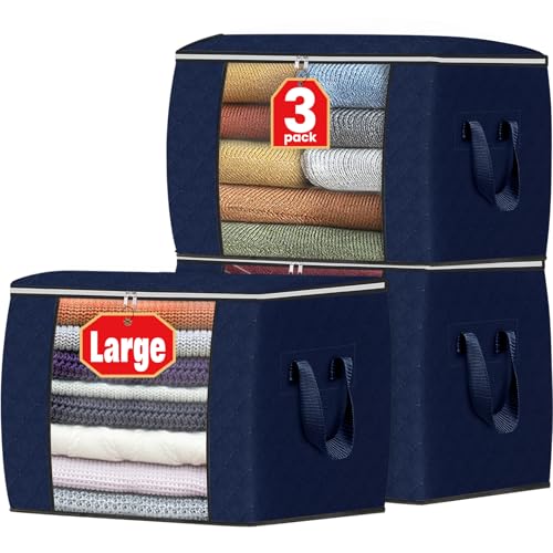 Fab totes 24 Gallons Clothes Storage, Foldable Thick Fabric Blanket Storage Bags, Containers for Organizing Bedroom, Closet, Clothing, Comforter, Organization with Handle (3 Pack,Blue) - color: Blue, size: 3 Pack-90l