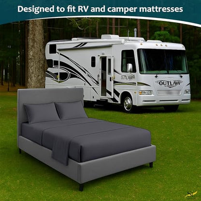 Shreem Linen Luxury 4 Piece Microfiber RV Sheet Set, Deep Pocket Fits Up to 10 inch, Soft, Wrinkle-Resistant, Camper, Travel Trailer Bedding, Camper Queen 60x80, Dark Grey - color: Dark Grey, size: Camper Queen - 60x80