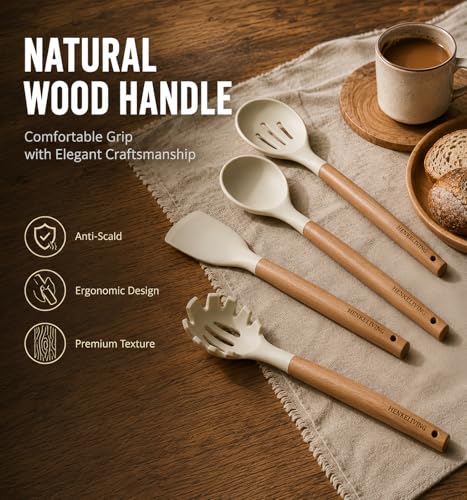 Silicone 10 Pcs Kitchen Cooking Utensils Set, Recycled Materials Certification, BPA Free Spatula Set with Heat Resistant Wood Handles for Nonstick Cookware, Cream White - color: CreamWhite
