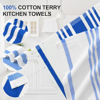 Homaxy Premium Kitchen Towels 18”x 28”, Large Cotton 380 GSM Kitchen Hand Towels, Stripe and Terry Dish Towel, Highly Absorbent Tea Towel Set with Hanging Loop, 3 Pack, Blueberry - color: Blueberry Stripe, style: 3-pack