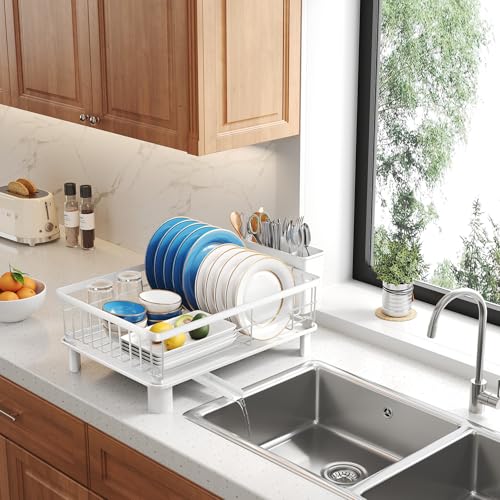 SNTD Dish Drying Rack - Small Dish Rack for Kitchen Counter, Stainless Steel Dish Drainer with Utensil Holder and Drainboard, 11" W x 15" L (White) - color: White, size: 11" W x 15" L