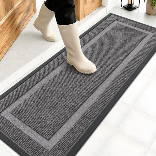 OLANLY Front Door Mat Indoor Outdoor Entrance, Waterproof All-Season, All-Weather Doormat, Sturdy Natural Rubber, Fade Resistant, Low Profile, Easy Clean Patio Porch Entryway Mat, 47x17, Dark Grey - color: Dark Grey, size: 47" x 17"