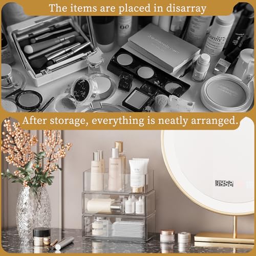 Medicine Cabinet Organizer with Removable Dividers, 3-Tier Stackable Drawer Storage for Bathroom, RV, Vanity, Countertop & Desk - size: 3 Tier Clear
