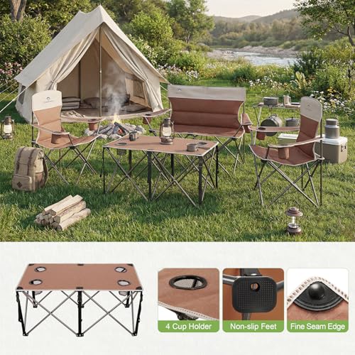 Camping Chair Set of 3, Outdoor Folding Camping Chairs for Heavy People with Cup Holder & Carry Bag,Collapsible Chair Include One Sofa Chair and Two Single Chair,Support up to 500lbs - color: Moca-4pcs