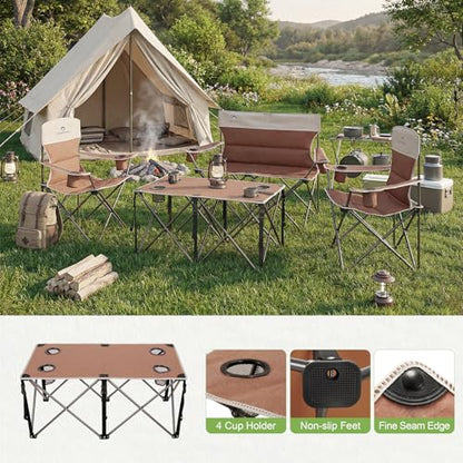 Camping Chair Set of 3, Outdoor Folding Camping Chairs for Heavy People with Cup Holder & Carry Bag,Collapsible Chair Include One Sofa Chair and Two Single Chair,Support up to 500lbs - color: Moca-4pcs