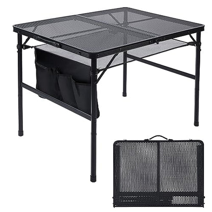 JOUYEK Folding Grill Table, 3x2 FT Portable Camping Table, Height Adjustable Metal Tables with Mesh Desktop and Mesh Bag, Outdoor Furniture for Camping, Picnic, Beach and BBQ, Black - style: 3x2 FT
