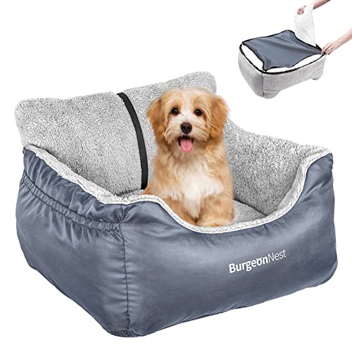 BurgeonNest Dog Car Seat for Small Dogs, Washable Soft Booster Seats for Small Pets Under 25 lbs, Portable Cat Carseat Travel Bed with Storage Pockets and Clip-On Leash, Grey - color: Grey, size: Small