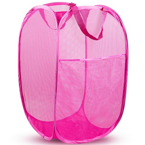 DUCOO Pop Up Laundry Hamper, 70L Collapsible Mesh Laundry Basket with Side Pocket, Foldable Dirty Clothes Hamper with Sturdy Reinforced Handles for Home Dorm Bedroom Travel Bathroom Storage, Pink - color: Pink
