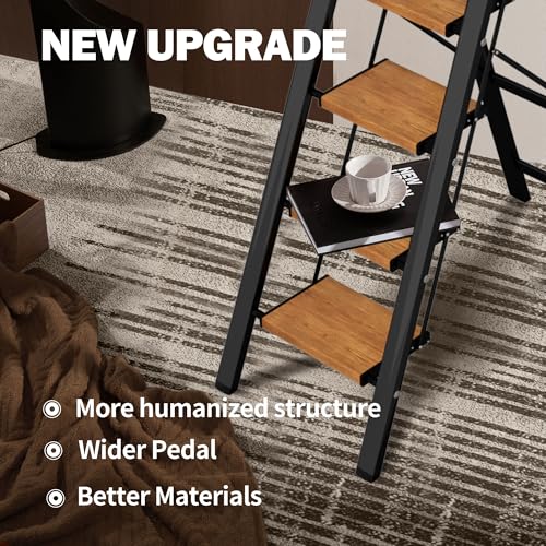 5 Step Ladder, Lightweight Folding Step Stool with Anti-Slip Aluminum Wide Pedal& Convenient Handgrip, 330lbs Capacity Steel Ladder for Household and Office (Black&Woodgrain) - color: Black&woodgrain, size: 5 Step