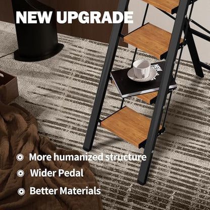 5 Step Ladder, Lightweight Folding Step Stool with Anti-Slip Aluminum Wide Pedal& Convenient Handgrip, 330lbs Capacity Steel Ladder for Household and Office (Black&Woodgrain) - color: Black&woodgrain, size: 5 Step
