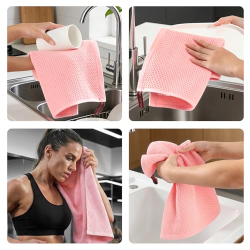 REDKISS 100% Cotton Waffle Weave Bath Towels 4 Pack - 27.5x55 Inches| Lightweight, Quick Dry & Highly Absorbent,Perfect for Spa, Gym, Travel, Guest Bathroom-Pink - color: Pink