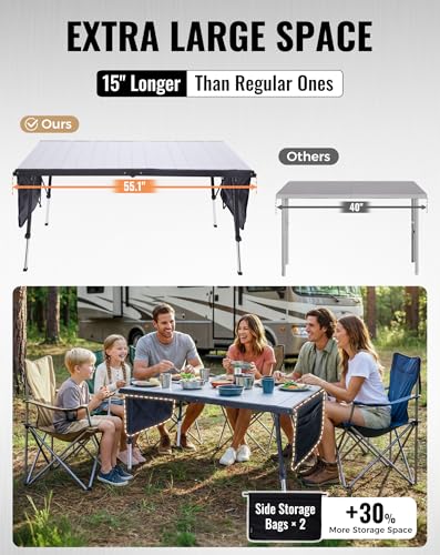KingCamp Folding Camping Table Foldable, 55.1" x27.6" Aluminum Roll Up Table with Adjustable Height 6-7 Person Large Camp Tables Outdoor with Carrying Bag for BBQ, Patio, Picnic Loads 265 Lbs - color: Silver/Black - 55.1"×27.6" - Adjustable Height, style: