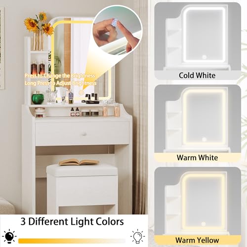 LIKIMIO Small Makeup Vanity Desk with Mirror and Lights, Vanity Table Set with Storage Drawer, Chair and Three Shelves, Bedroom, White - color: White