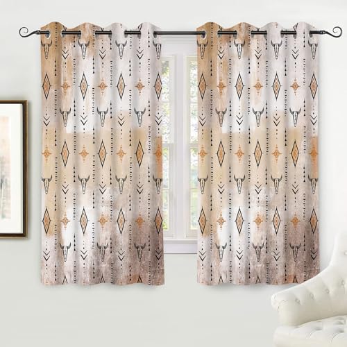 Aztec Blackout Curtains Tribal Western Bull Skull Boho Drapes Rustic Cowboys Native Ethnic Grommets Window Curtain Drapes for Bedroom Kitchen Living Room 2 Panels, 52x72in - color: Orange Black, size: 52"W x 72"L (Pack of 2)