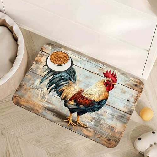 Rooster Dog Food Mat for Floors,Vintage Wood Panel Absorbent Quick-Dry Pet Feeding Mat,Cat Dog Bowl Mats for Food and Water,Non-Slip Pet Accessories Supplies 12"x20" - color: Rooster Vintage Wood Panel, size: 12"×20"
