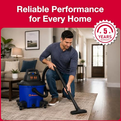 Koblenz WD-16 L4 Wet Dry Vacuum Cleaner, 16 Gallon Wet Dry Vac, 6.5 PHP, 3-in-1 Suction & Blower, Click-N-Lock Hose, Drain Plug, Big Vacuum Cleaner for Carpet & Floors, Swivel Casters, Black/Blue - size: 16 Gallon 6.5 HP