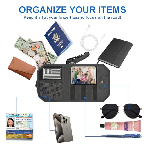 Car Sun Visor Organizer,Truck Accessories with Photo Frame & Zippered Pocket, Universal Visor Organizer Bag with Acrylic Window, Fits Most Cars for Storage