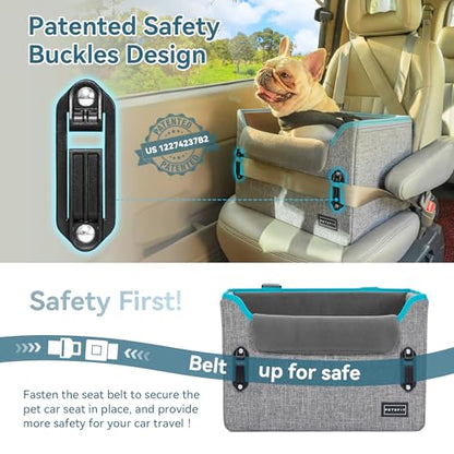 PETSFIT Dog Car Seats for Small Dogs – Patented Safety Buckles – Safety Tether – Foldable Travel Dog Booster Car Seat Reduces Anxiety & Road Trips – Stable Frame, Soft Cushion, Fits Front/Back Seat