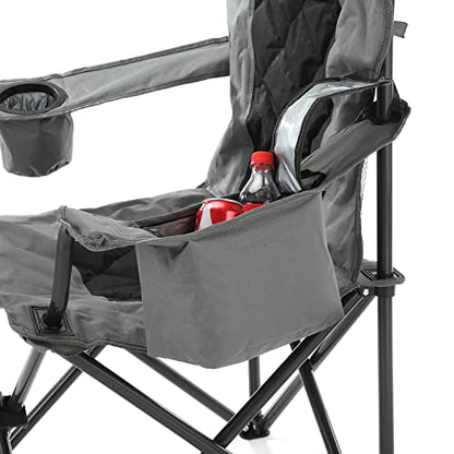 ARROWHEAD OUTDOOR Portable Deluxe Folding Camp Quad Chair w/Headrest, Glass & Cup Holders, Armest 6-can Cooler, Heavy Duty Carry Bag, 550 lbs Weight Capacity - color: Grey