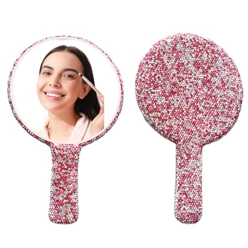 Large Rhinestone Handheld Mirror Heart Bling Glitter Cosmetic Dazzling Portable Hand Mirrors with Handle for Women Wedding Silver White (Round-Pink) - color: Round-pink