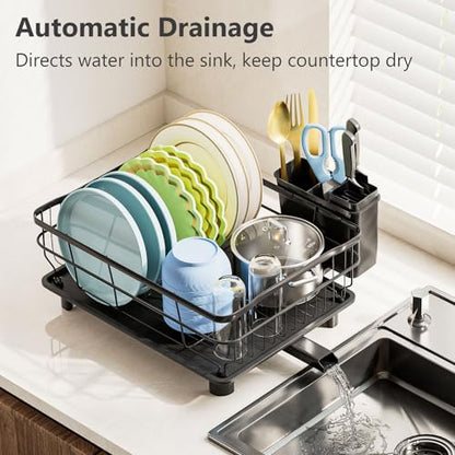 AIDERLY Auto Drain Metal Dish Drying Rack Dish Drainers, All Black | with Draining Tray, Strainer, for Kitchen Counter, Sink - color: All Black