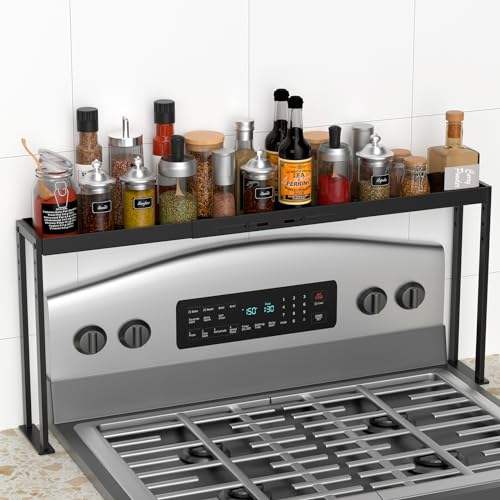 Spice Rack Shelf for Kitchen Stove, Adjustable 27 to 33 Inch Spice Rack Organizer, 4 Level Adjustable Height Stove Top Shelf for Kitchen, Over the Stove Shelf for Curved Stove, Black - color: Black