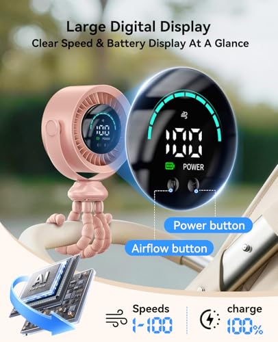 KIMMOO Portable Baby Stroller Fan, 360° Adjustable Quiet Rechargeable USB Fan with LED Display, 100 Speeds Safe Clip Fan for Stroller, Powerful Cooling Fan for Golf Car Seat Treadmill Travel, Pink - color: Pink