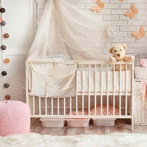 Cotton Baby Bedside Hanging Storage Bag 6 Pockets Bedside Caddy Organizer for Baby Cribs and Toys Milk Bottle Nursery Hanging Organizers, Beige
