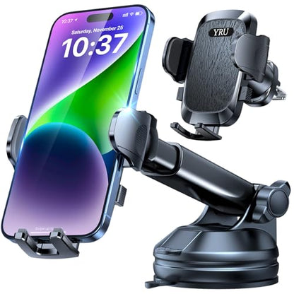 YRU True Upgrade for Safety Car Phone Holder Mount Patent & Military-Grade Dashboard Cell Phone Holder for Car Vent Windshield Phone Stand for iPhone 17 16 15 14 13 Pro Max Truck Samsung, Matte Black - color: Matte Black
