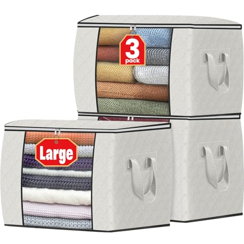 Fab totes 24 Gallons Clothes Storage, Foldable Thick Fabric Blanket Storage Bags, Containers for Organizing Bedroom, Closet, Clothing, Comforter, Organization with Handle (3 Pack,Ivory) - color: Ivory, size: 3 Pack-90l